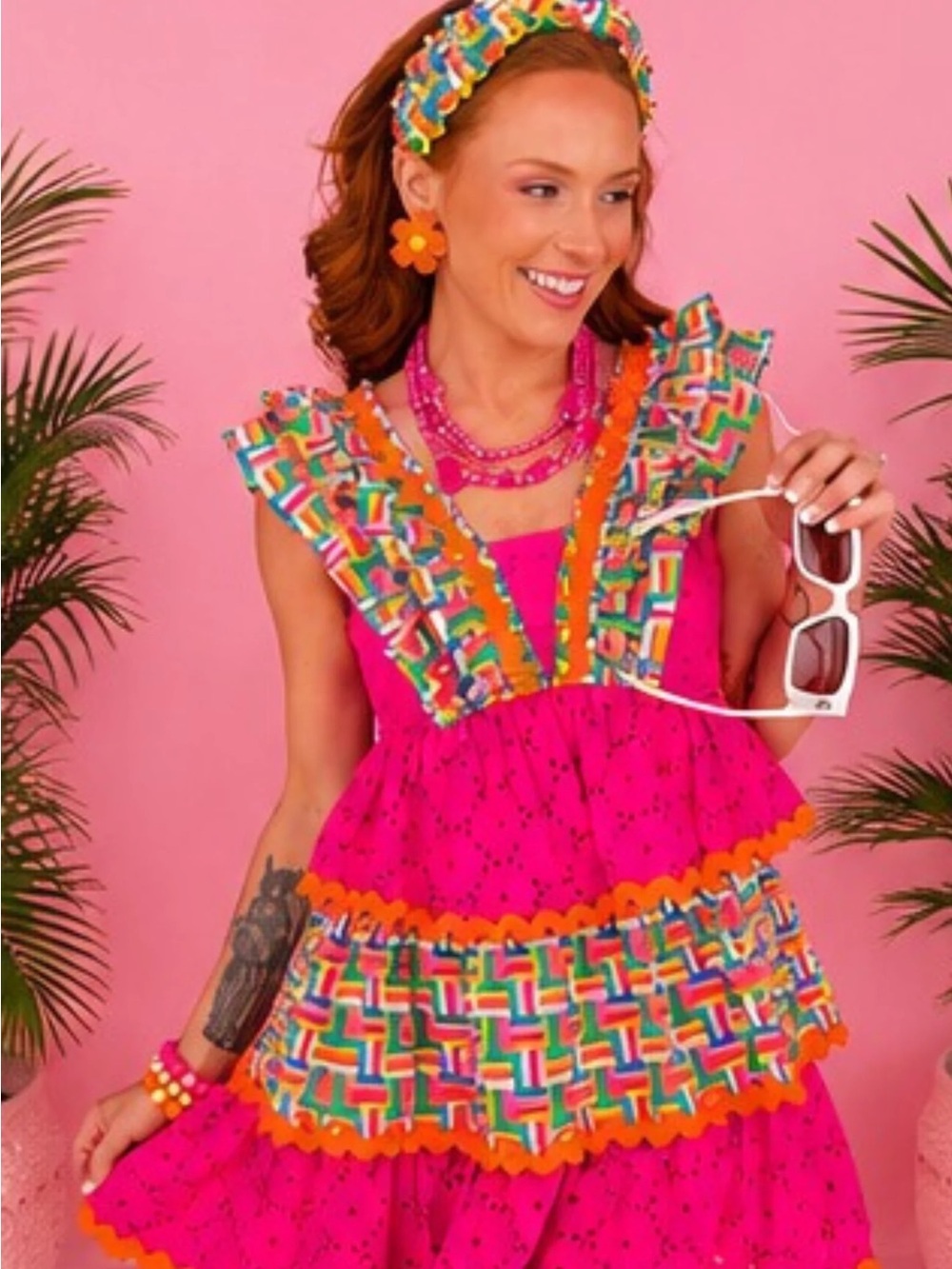 Vibrant Hot Pink Tiered Ruffle Dress with Colorful Trim